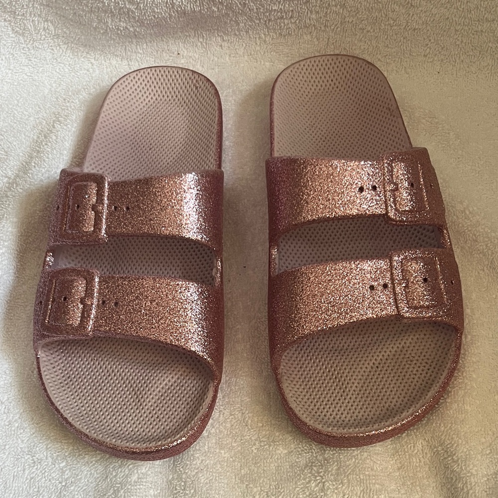 Kids Glitter Double-Strap Slide Sandals - Rose